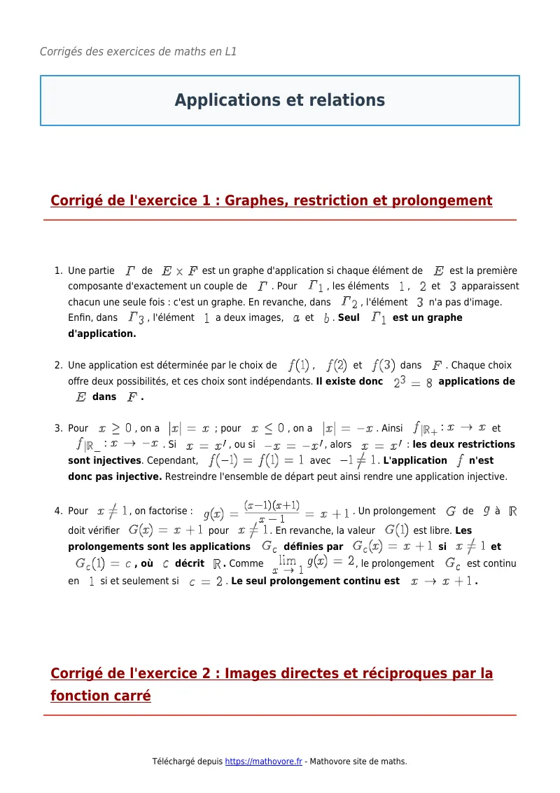 Exercices corrigés de maths en L1 : Applications et relations à imprimer en PDF