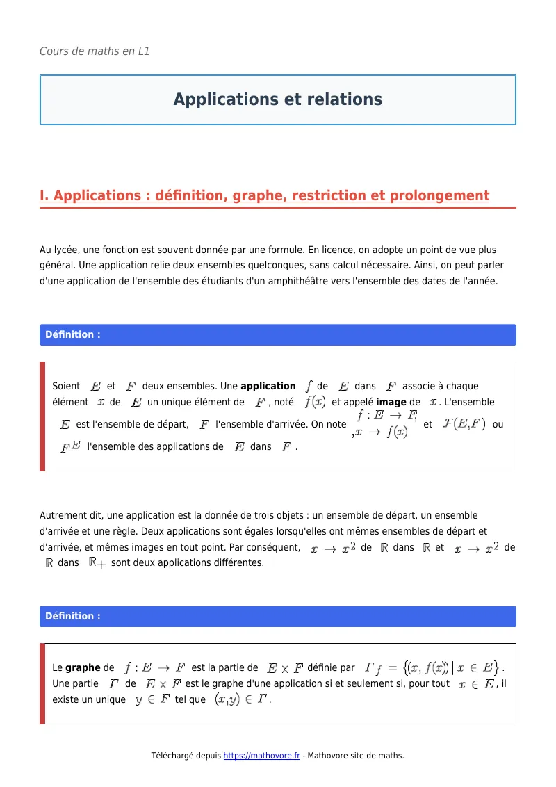 Cours de maths en L1 : Applications et relations à télécharger en PDF
