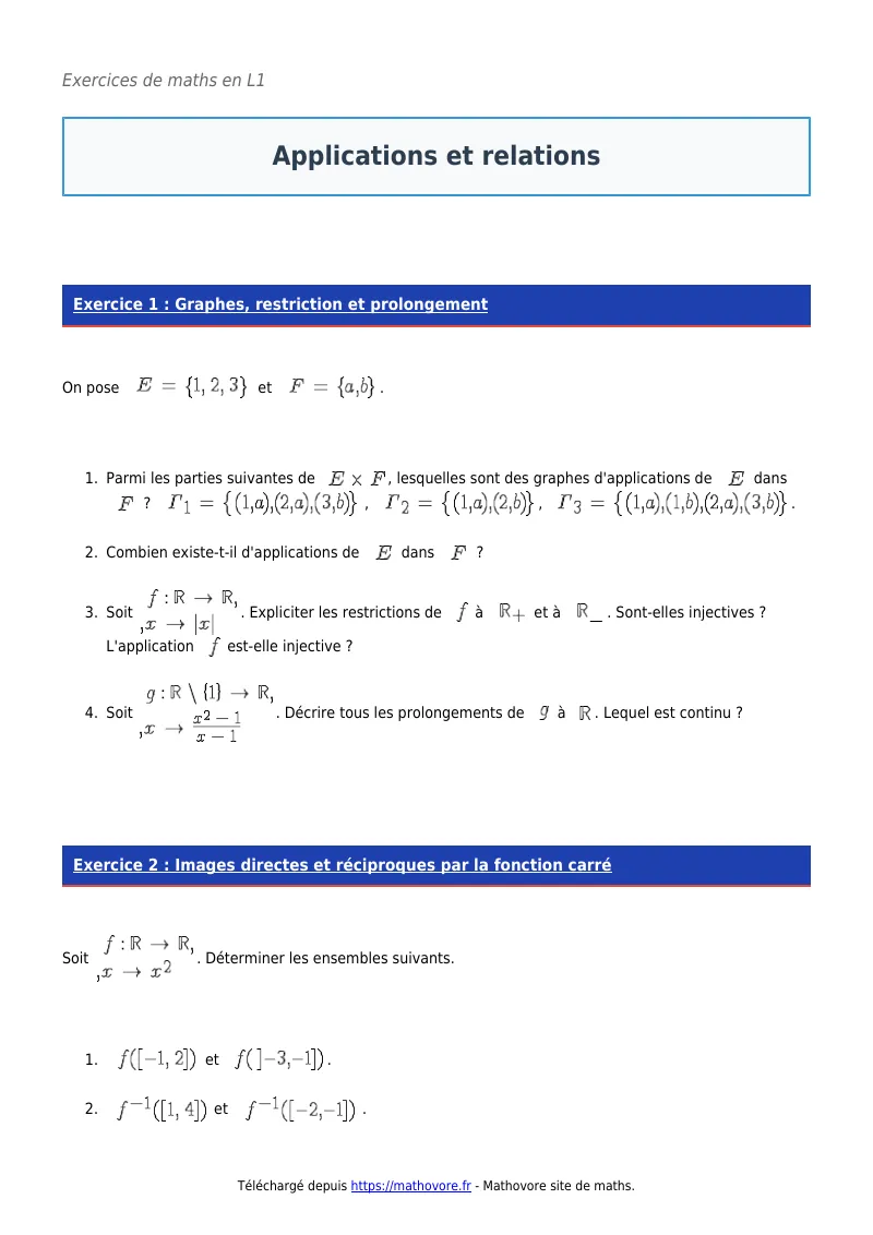 Exercices corrigés de maths en L1 : Applications et relations à imprimer en PDF