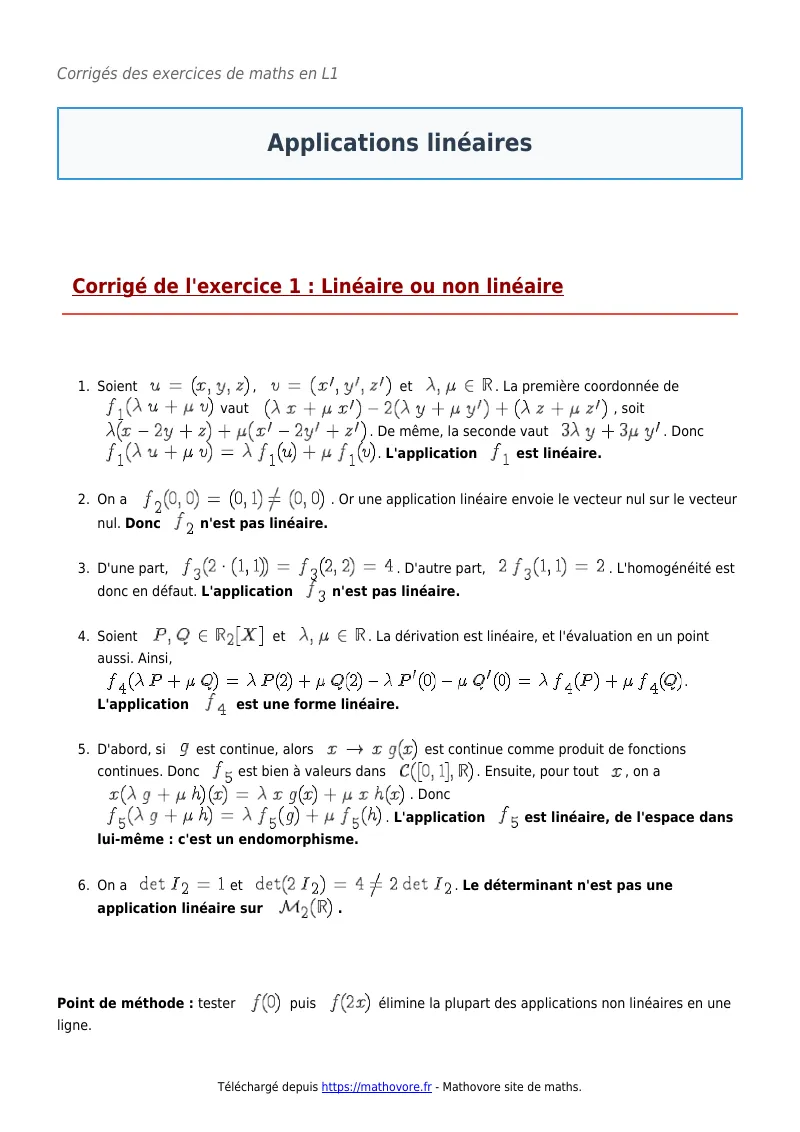 Exercices corrigés de maths en L1 : Applications linéaires à imprimer en PDF