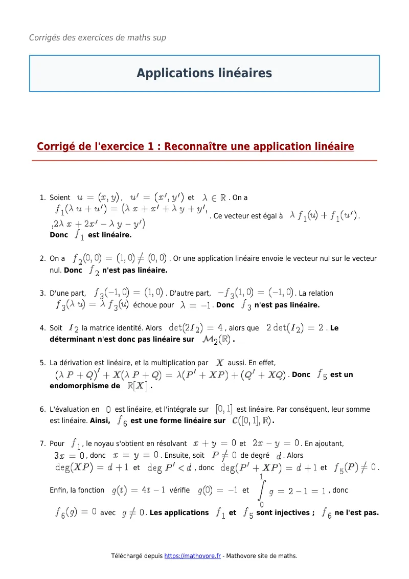 Exercices corrigés de maths en maths sup : Applications linéaires à imprimer en PDF