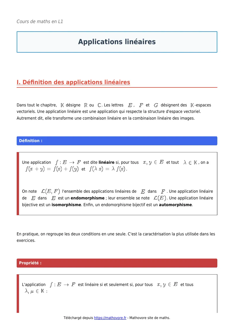 Cours de maths en L1 : Applications linéaires à télécharger en PDF