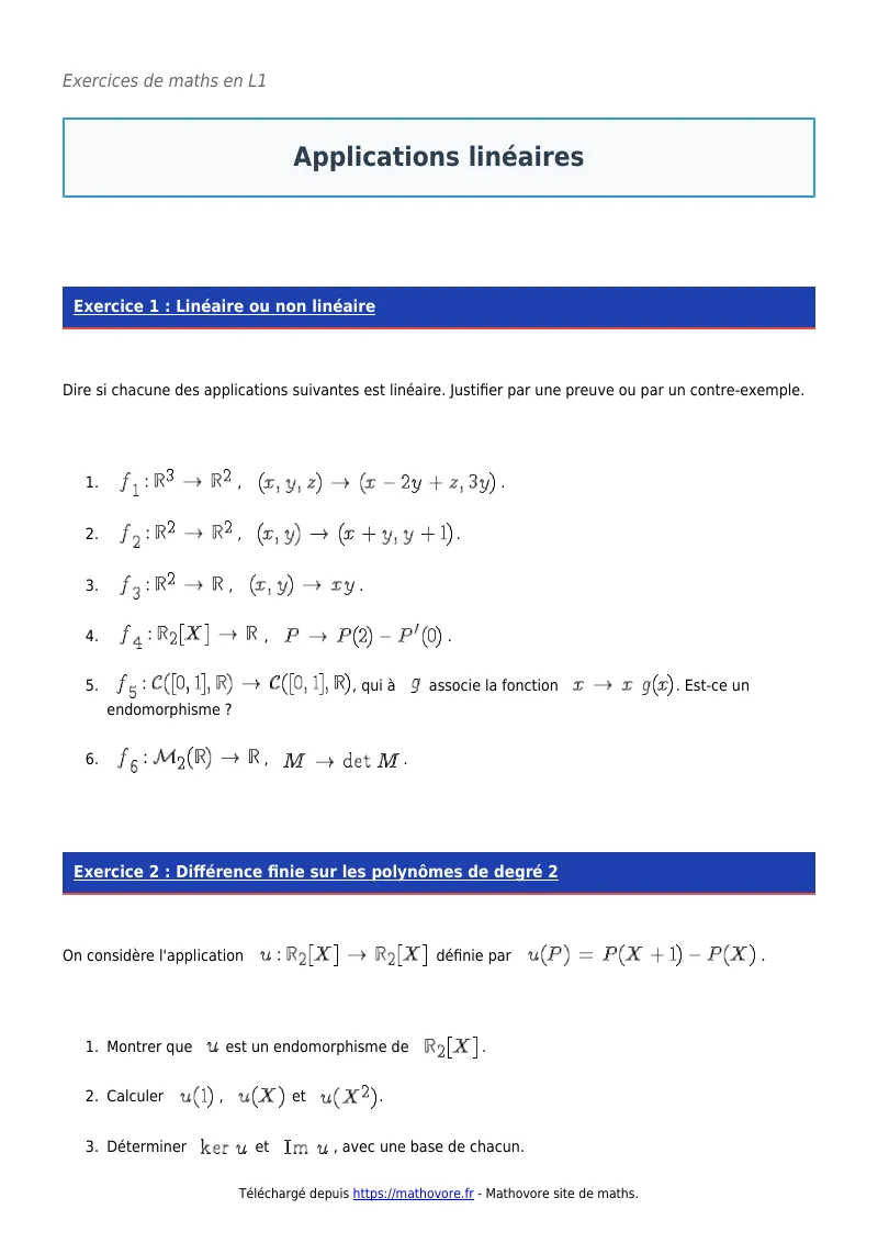 Exercices corrigés de maths en L1 : Applications linéaires à imprimer en PDF