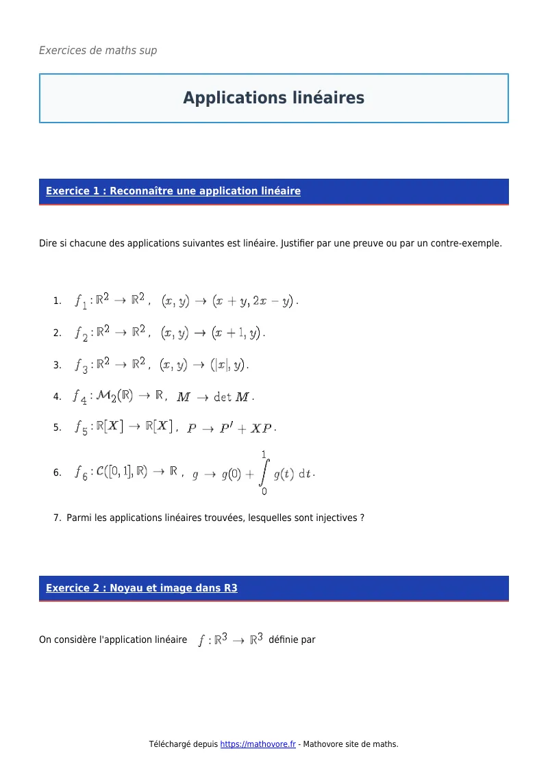Exercices corrigés de maths en maths sup : Applications linéaires à imprimer en PDF