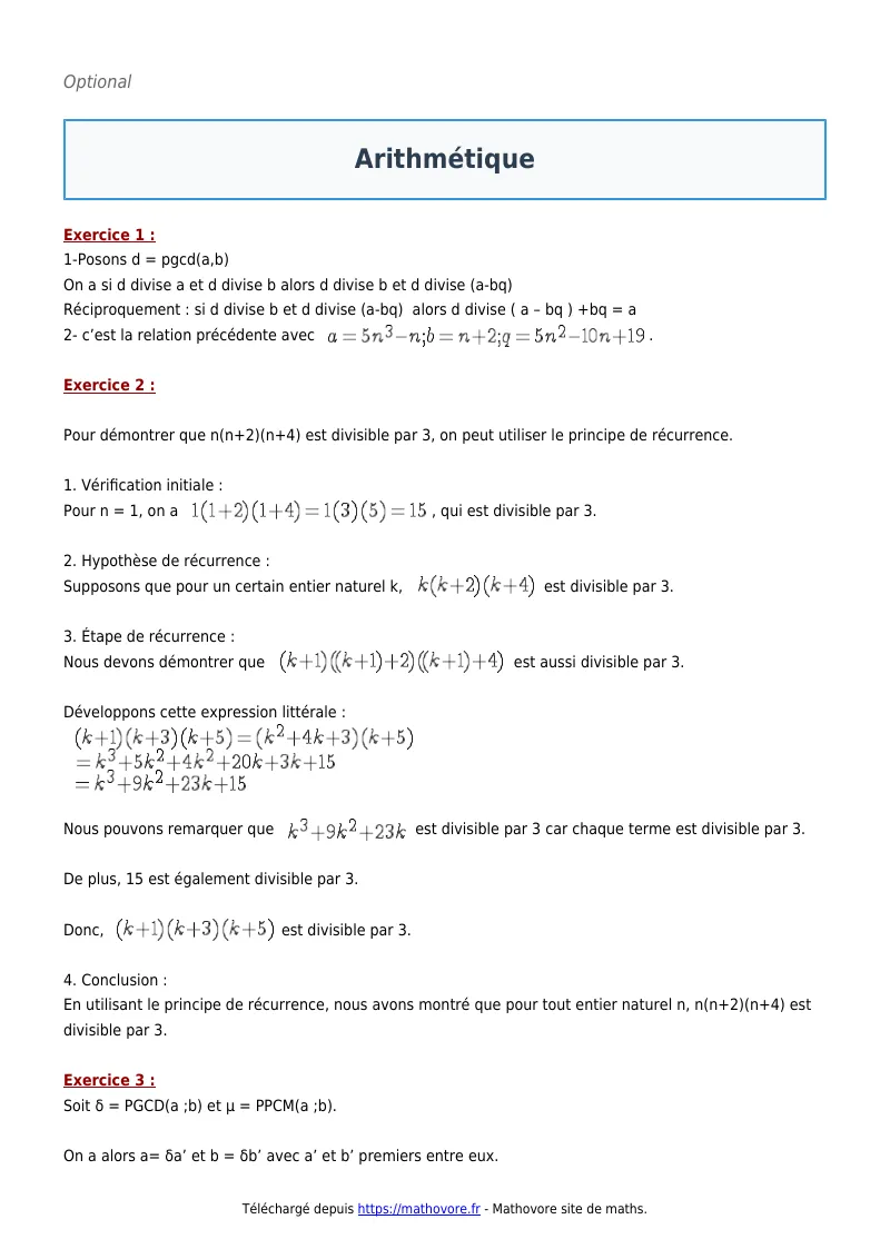 Exercices corrigés de maths en terminale : Arithmétique à imprimer en PDF
