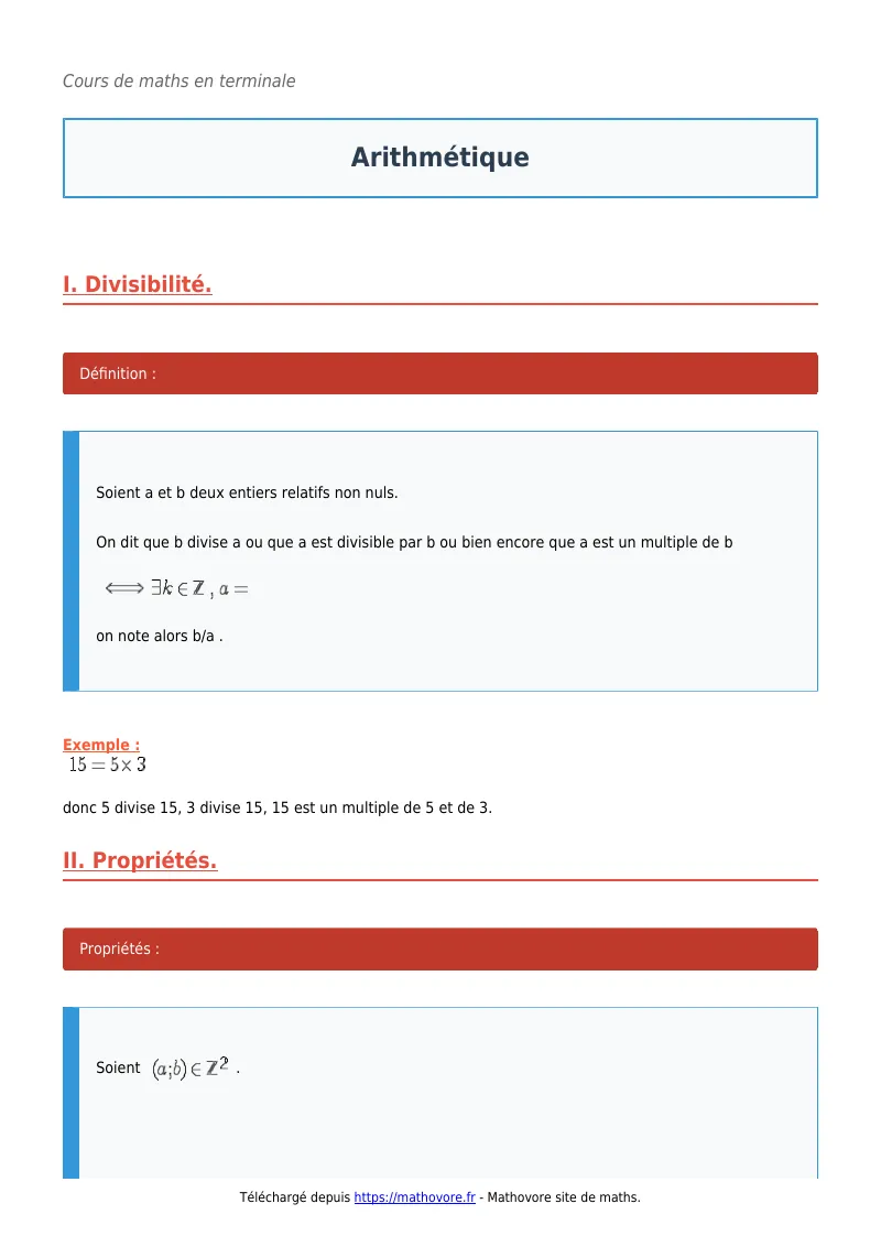 Cours de maths en terminale : Arithmétique à télécharger en PDF