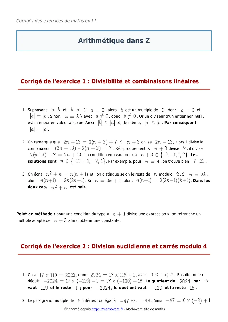 Exercices corrigés de maths en L1 : Arithmétique dans Z à imprimer en PDF