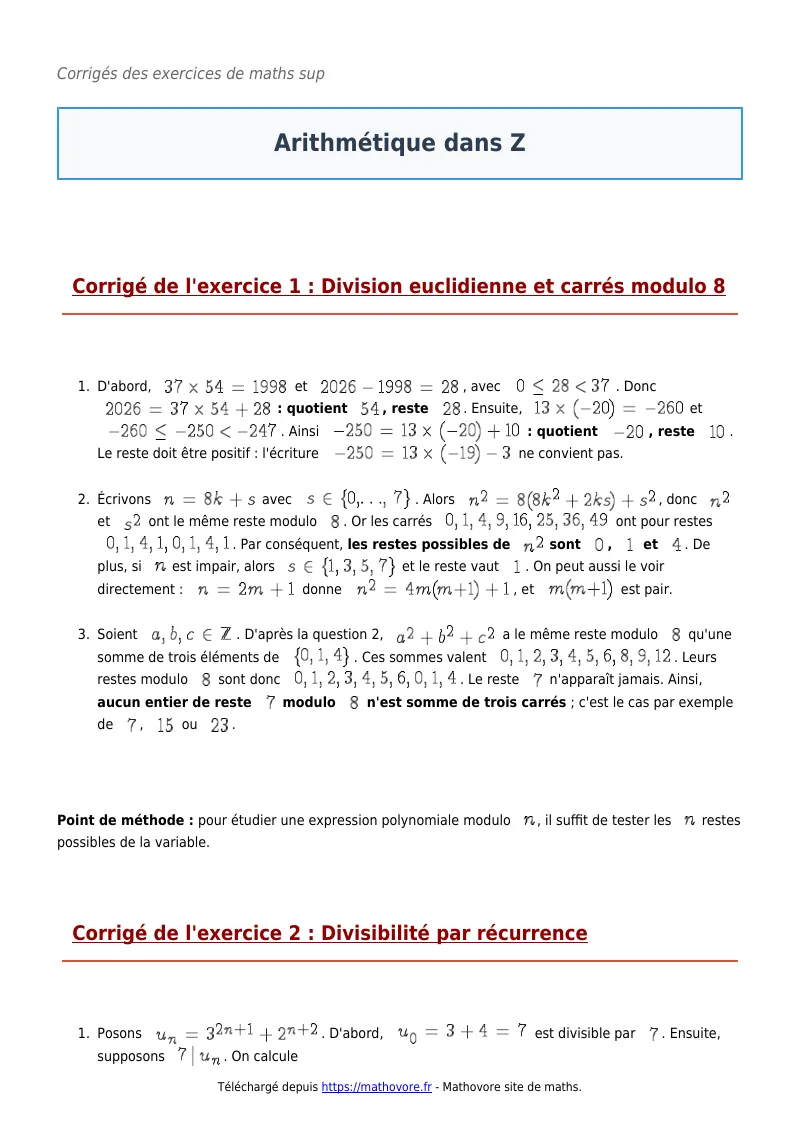 Exercices corrigés de maths en maths sup : Arithmétique dans Z à imprimer en PDF