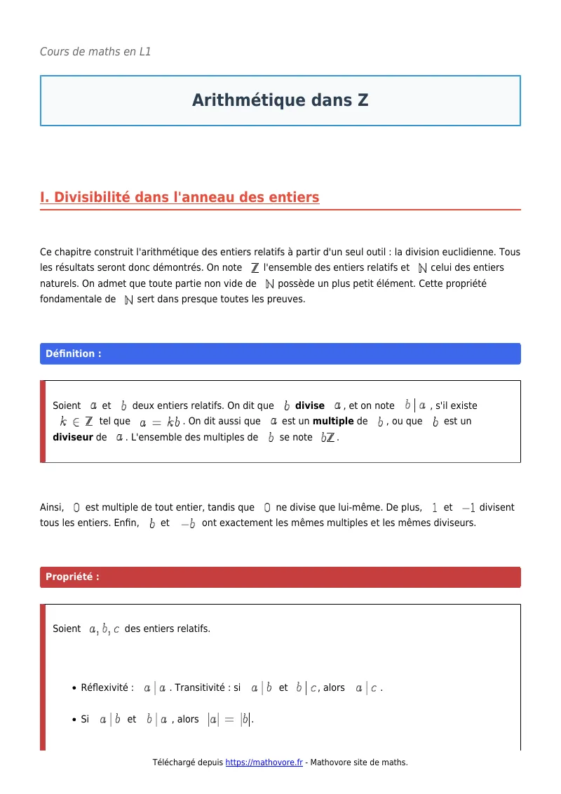 Cours de maths en L1 : Arithmétique dans Z à télécharger en PDF