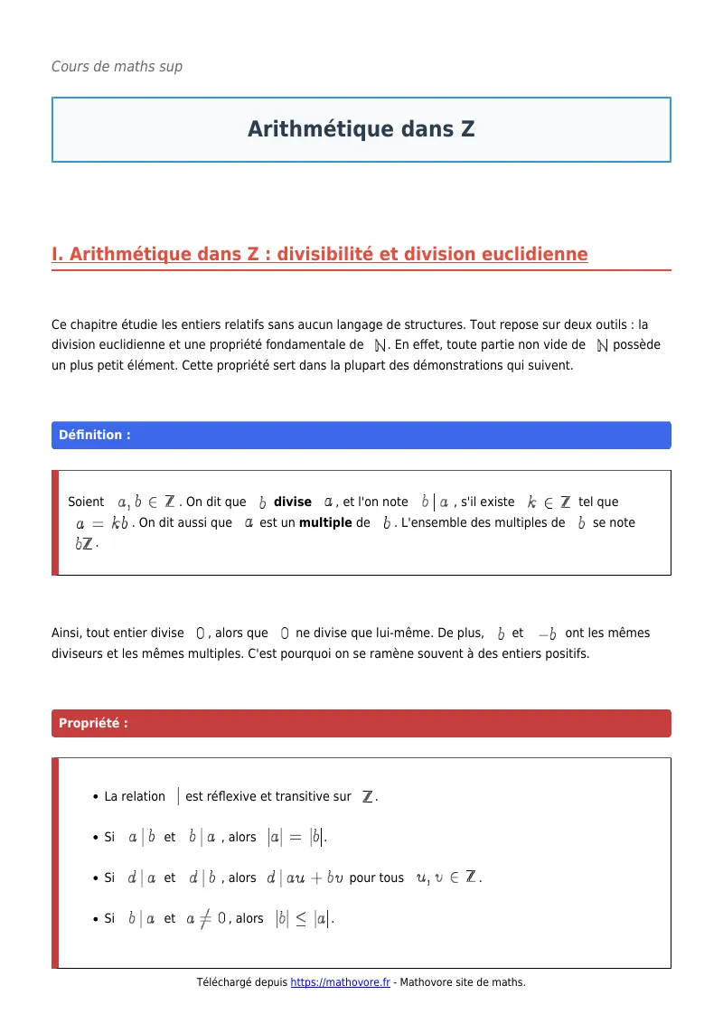 Cours de maths en maths sup : Arithmétique dans Z à télécharger en PDF