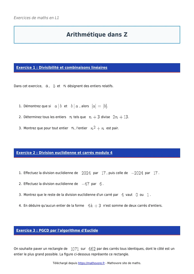 Exercices corrigés de maths en L1 : Arithmétique dans Z à imprimer en PDF