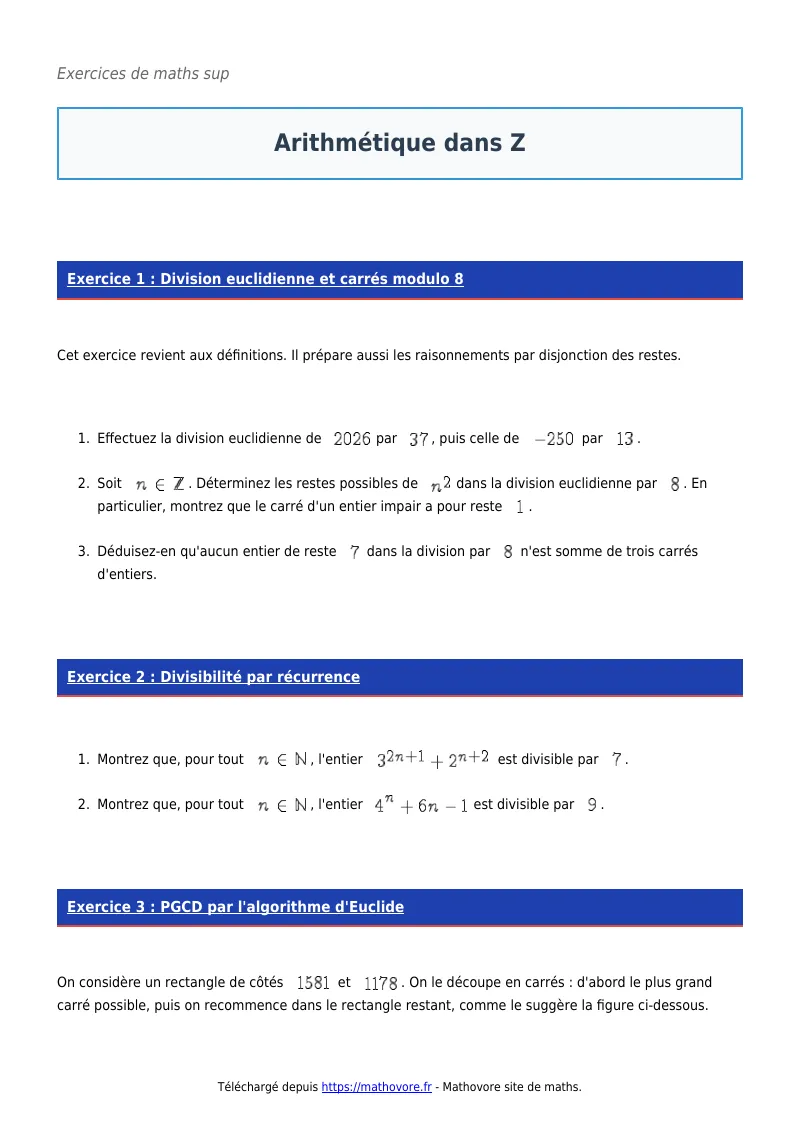 Exercices corrigés de maths en maths sup : Arithmétique dans Z à imprimer en PDF