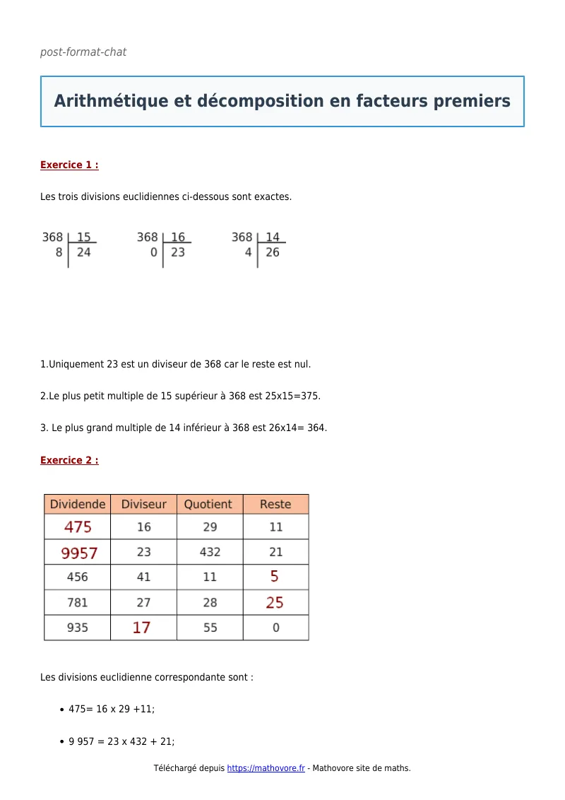 Exercices corrigés de maths en 3ème : Arithmétique et décomposition en facteurs premiers à imprimer en PDF