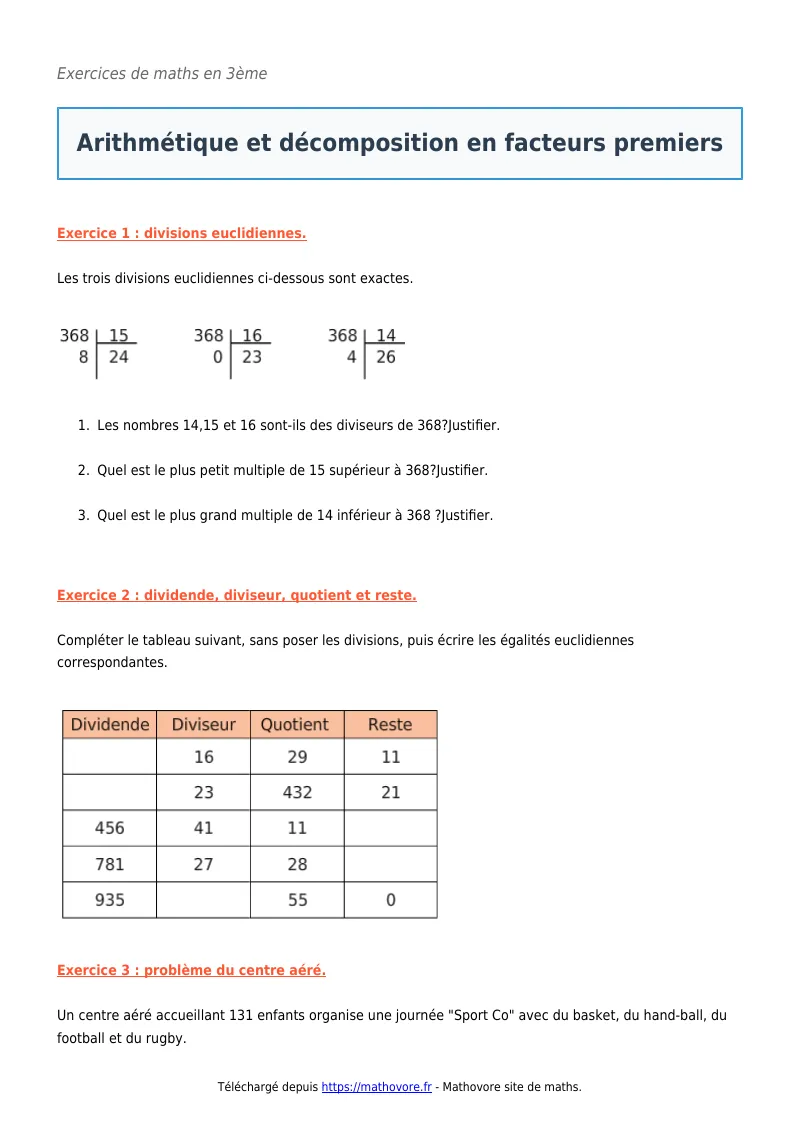Exercices corrigés de maths en 3ème : Arithmétique et décomposition en facteurs premiers à imprimer en PDF