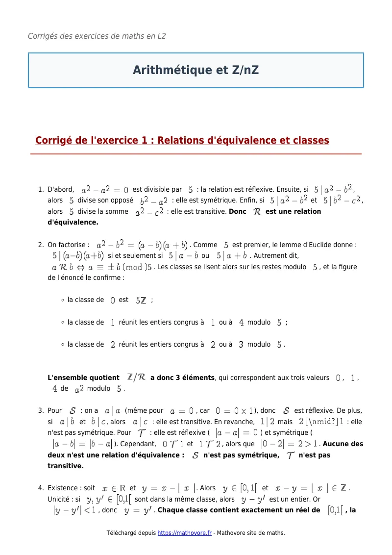 Exercices corrigés de maths en L2 : Arithmétique et Z/nZ à imprimer en PDF