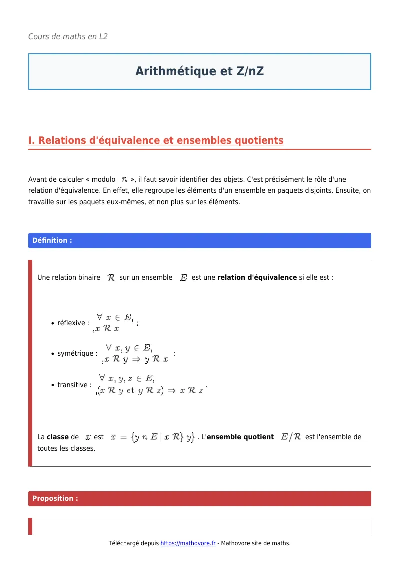 Cours de maths en L2 : Arithmétique et Z/nZ à télécharger en PDF