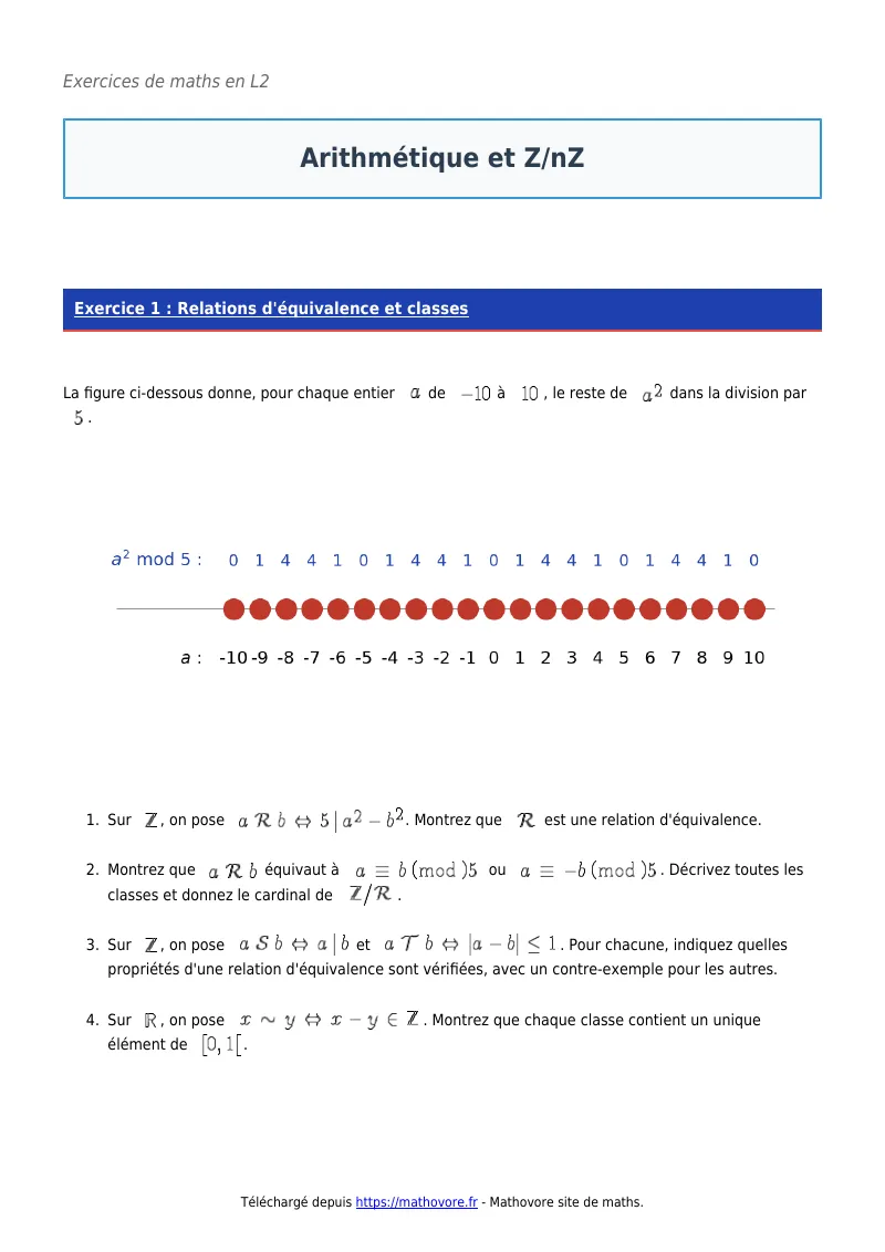 Exercices corrigés de maths en L2 : Arithmétique et Z/nZ à imprimer en PDF