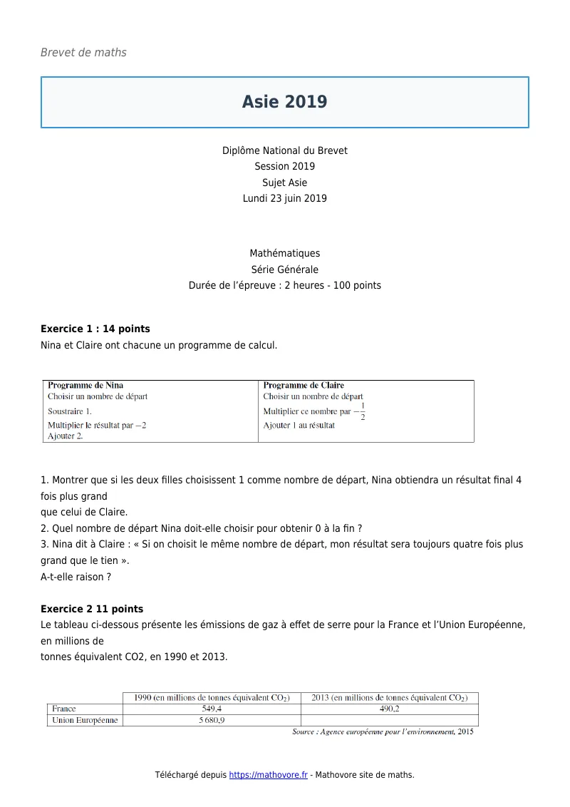Brevet de maths : Asie 2019 corrigé en PDF