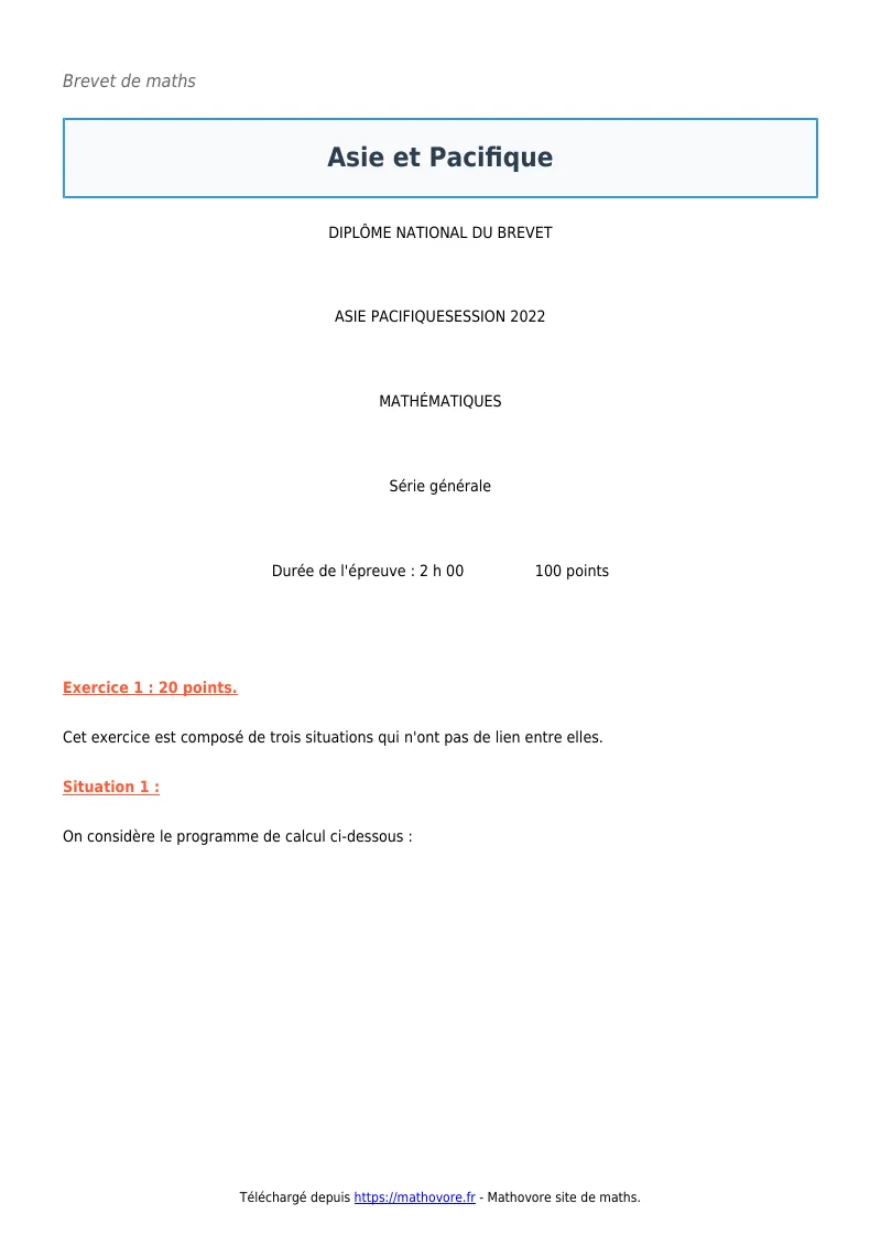 Brevet de maths : Asie et Pacifique corrigé en PDF