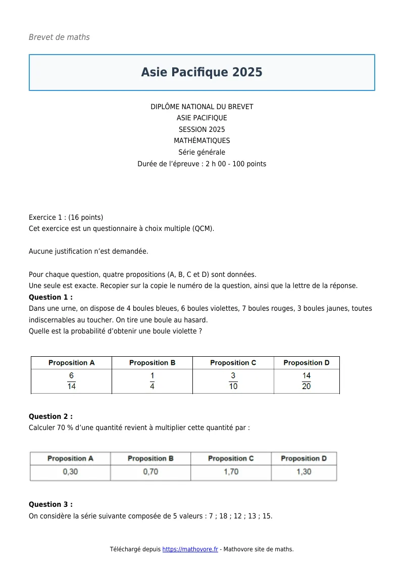 Brevet de maths : Asie Pacifique 2025 corrigé en PDF