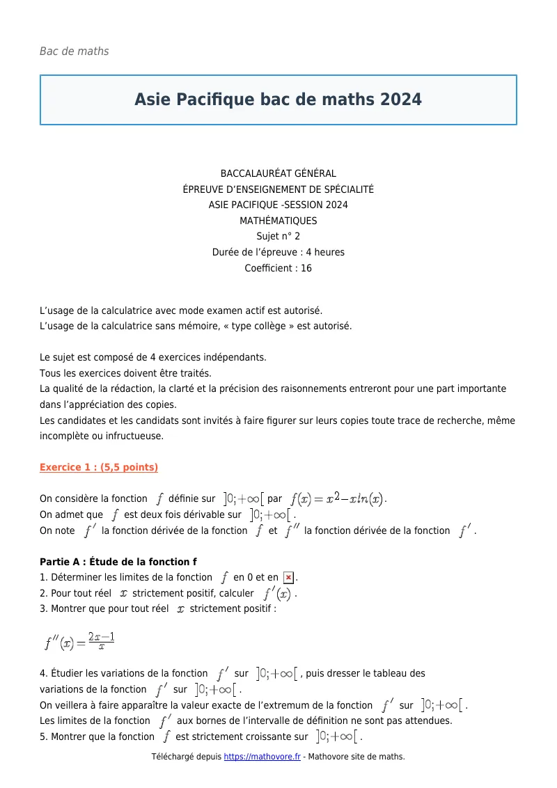 Bac de maths : Asie Pacifique bac 2024 corrigé en PDF