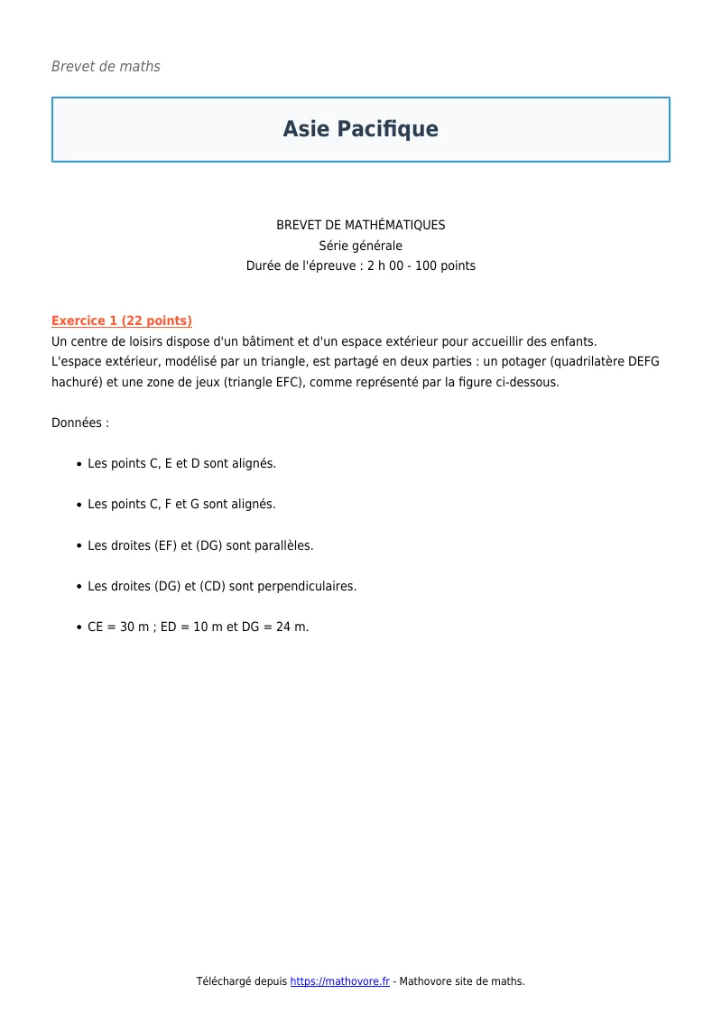Brevet de maths : Asie Pacifique corrigé en PDF