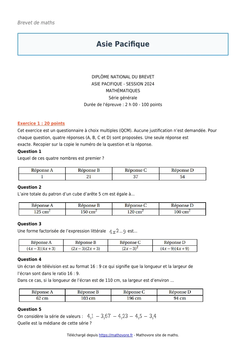 Brevet de maths : Asie Pacifique corrigé en PDF