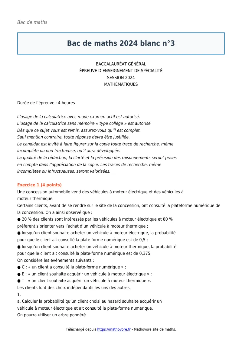 Bac de maths : Bac 2024 blanc n°3 corrigé en PDF