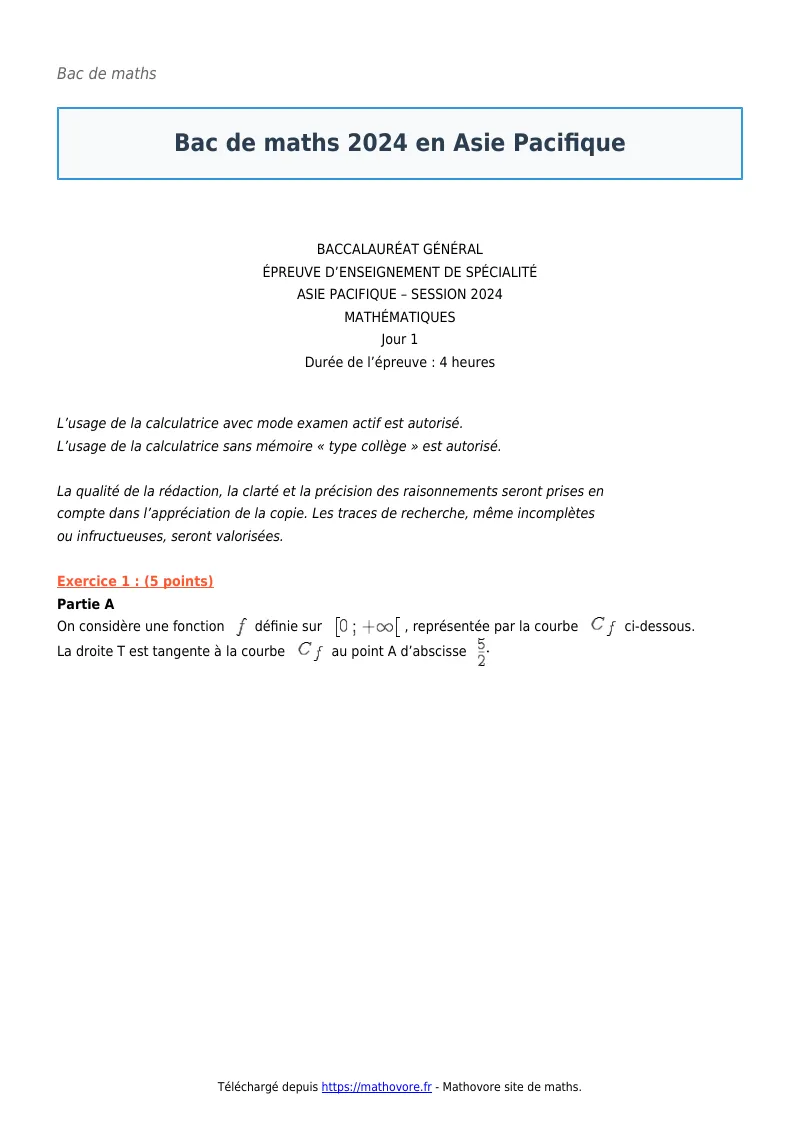 Bac de maths : Bac 2024 en Asie Pacifique corrigé en PDF