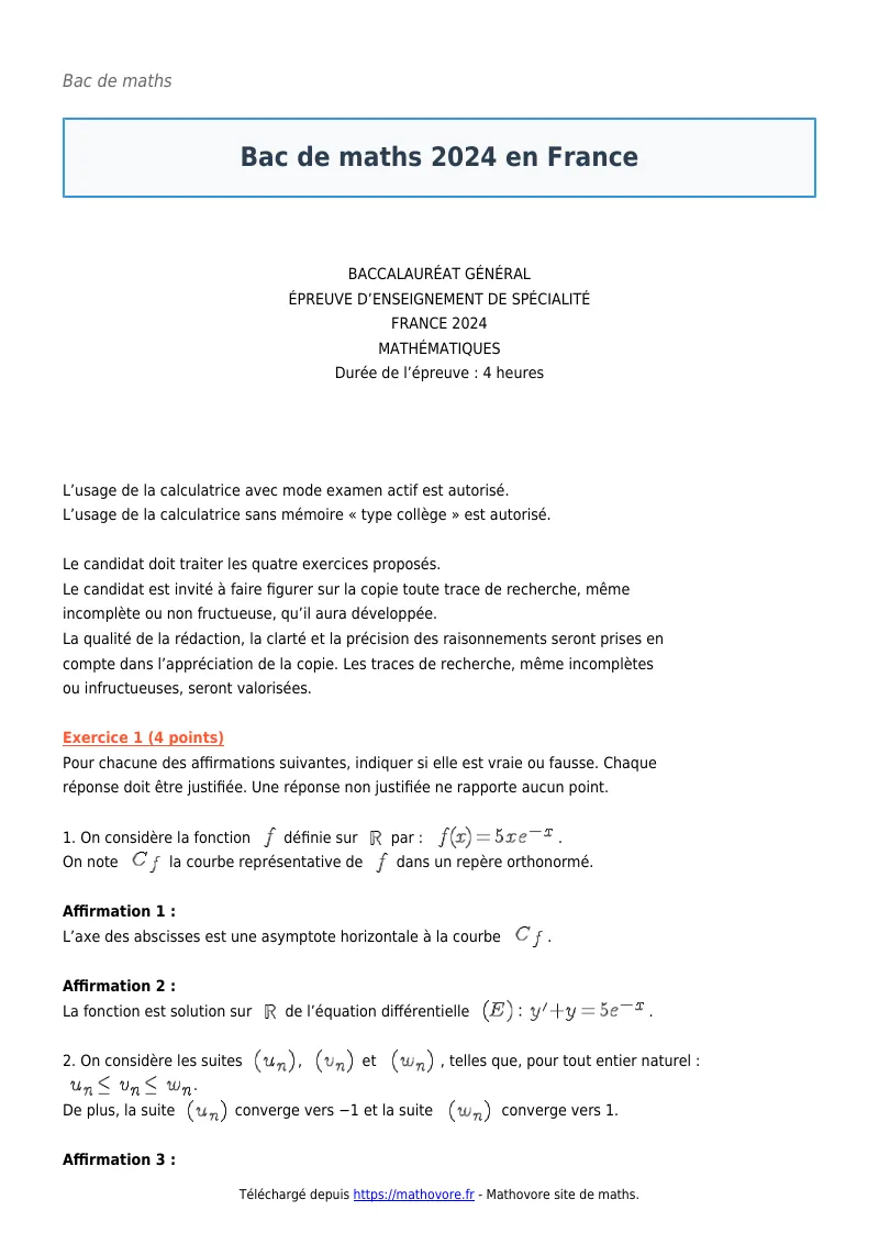 Bac de maths : Bac 2024 en France corrigé en PDF