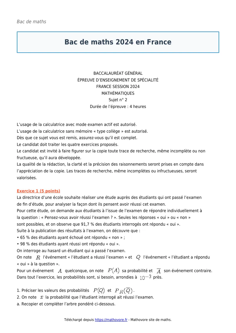 Bac de maths : Bac 2024 en France corrigé en PDF