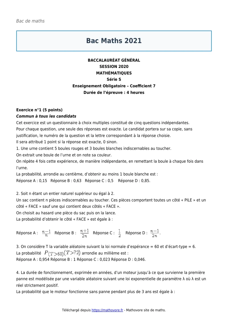 Bac de maths : Bac Maths 2021 corrigé en PDF