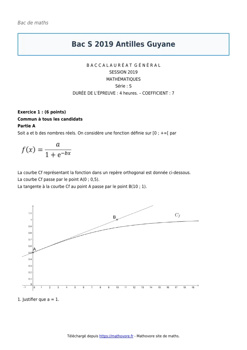 Bac de maths : Bac S 2019 Antilles Guyane corrigé en PDF