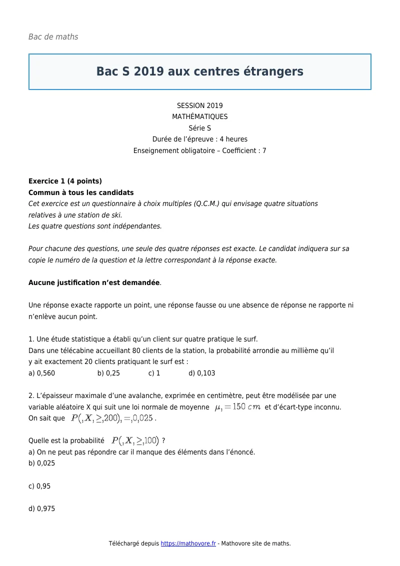Bac de maths : Bac S 2019 aux centres étrangers corrigé en PDF