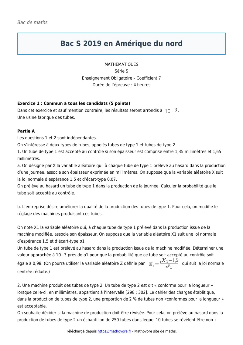 Bac de maths : Bac S 2019 en Amérique du nord corrigé en PDF