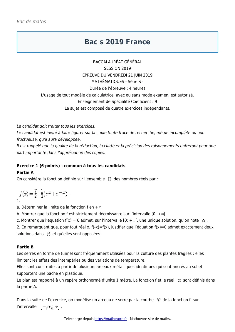 Bac de maths : Bac s 2019 France corrigé en PDF