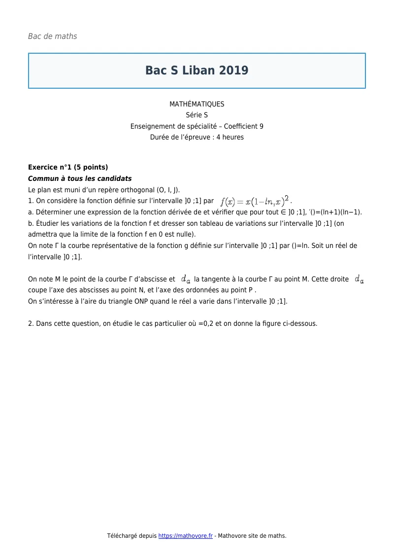 Bac de maths : Bac S Liban 2019 corrigé en PDF