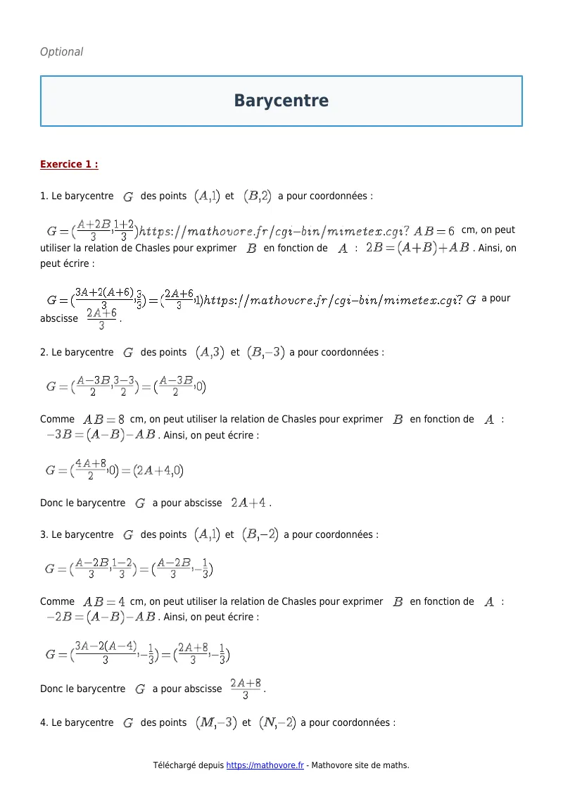 Exercices corrigés de maths en première : Barycentre à imprimer en PDF