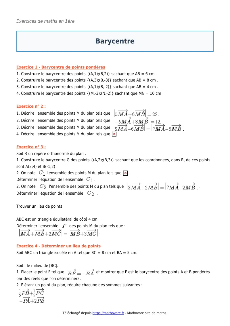 Exercices corrigés de maths en première : Barycentre à imprimer en PDF