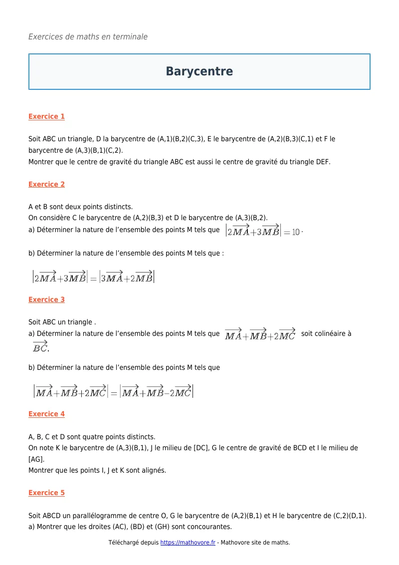 Exercices corrigés de maths en terminale : Barycentre à imprimer en PDF