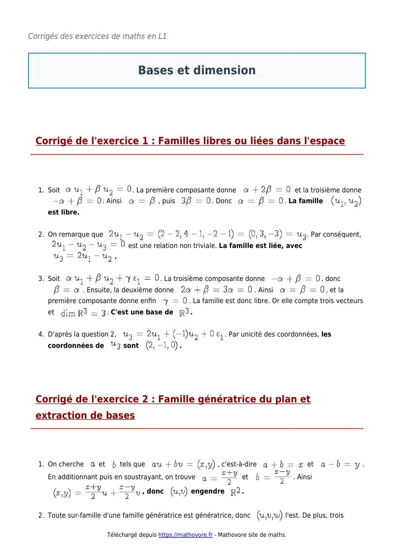 Exercices corrigés de maths en L1 : Bases et dimension à imprimer en PDF