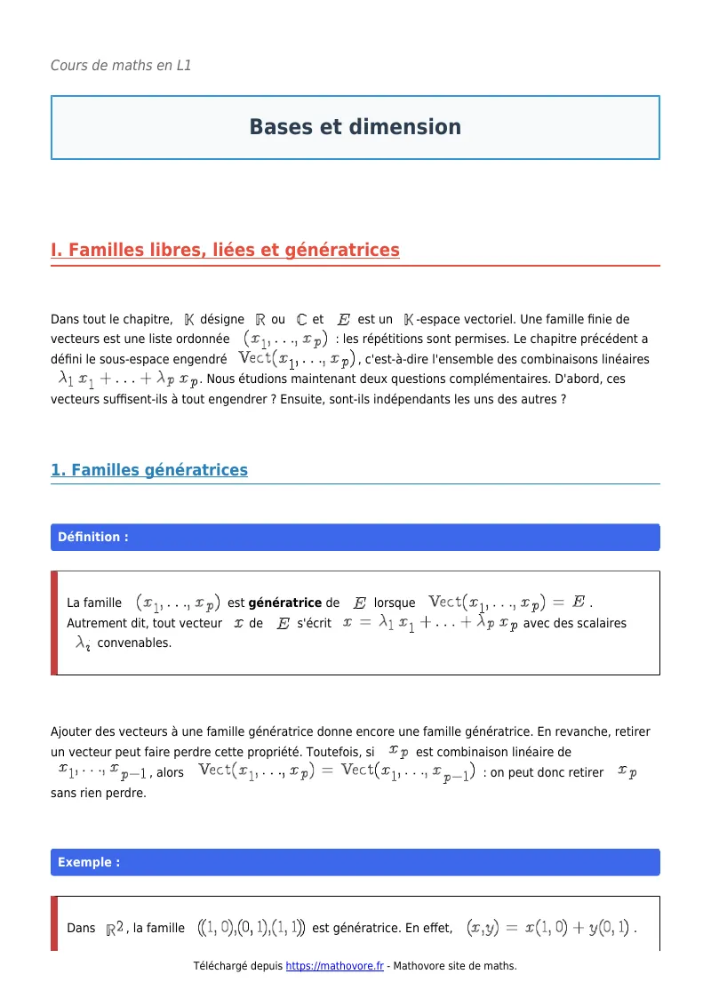 Cours de maths en L1 : Bases et dimension à télécharger en PDF