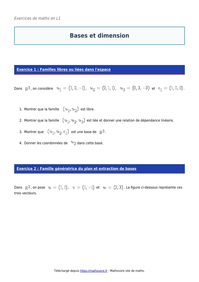 Exercices corrigés de maths en L1 : Bases et dimension à imprimer en PDF