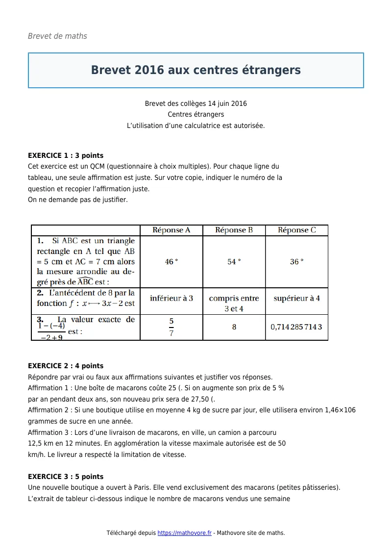 Brevet de maths : Brevet 2016 aux centres étrangers corrigé en PDF
