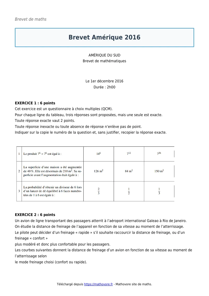 Brevet de maths : Brevet Amérique 2016 corrigé en PDF