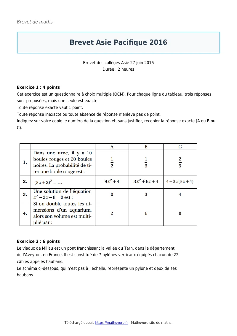 Brevet de maths : Brevet Asie Pacifique 2016 corrigé en PDF