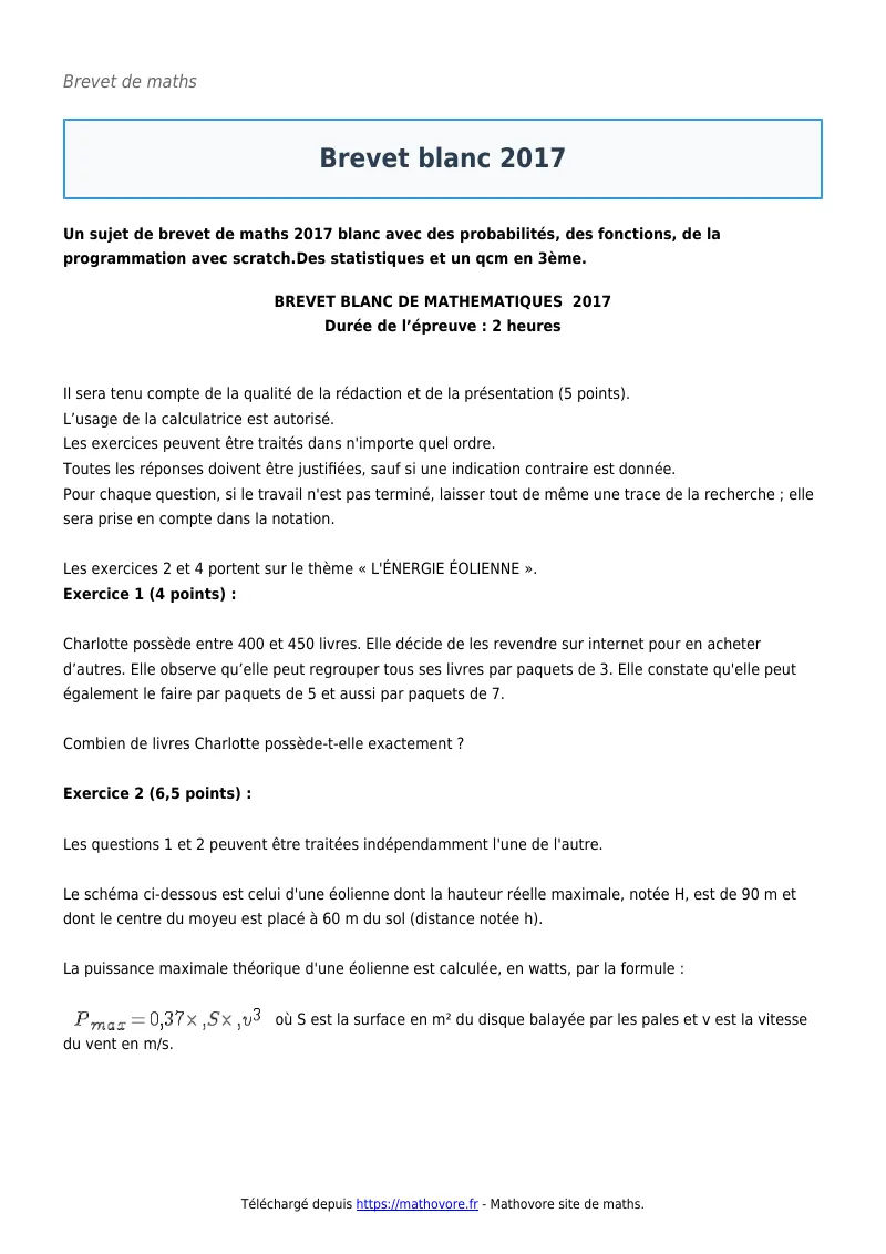 Brevet de maths : Brevet blanc 2017 corrigé en PDF