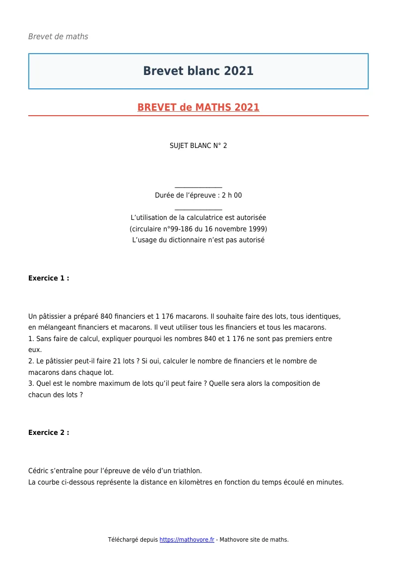 Brevet de maths : Brevet blanc 2021 corrigé en PDF