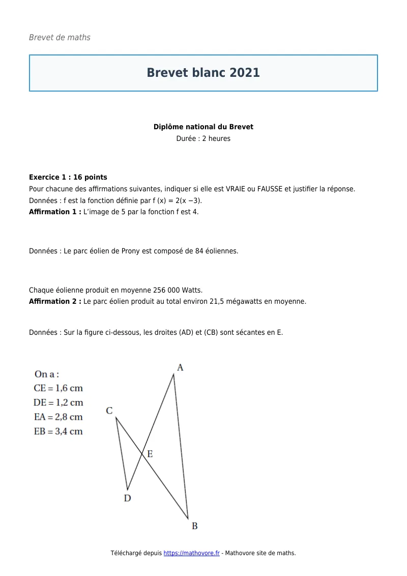 Brevet de maths : Brevet blanc 2021 corrigé en PDF