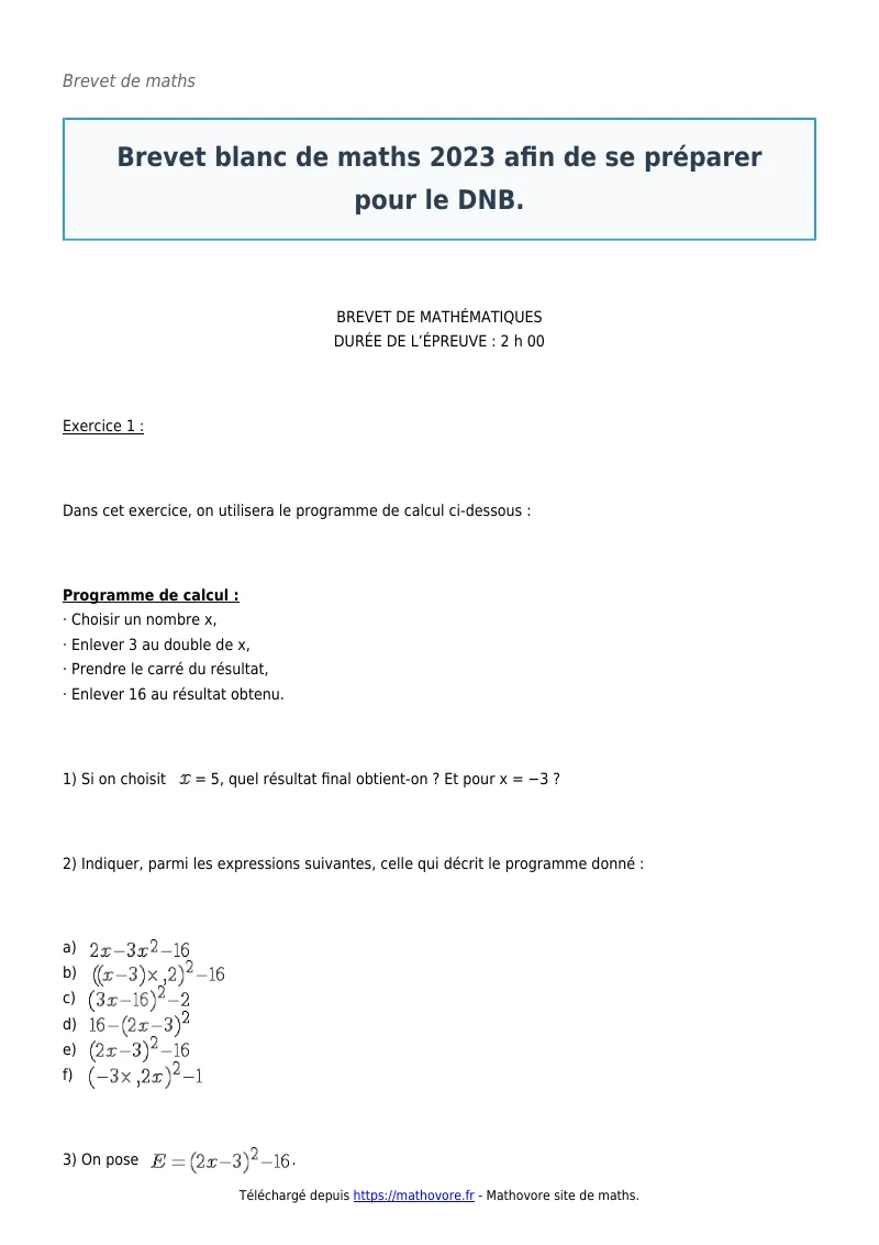 Brevet de maths : Brevet blanc 2023 afin de se préparer pour le DNB à télécharger corrigé en PDF